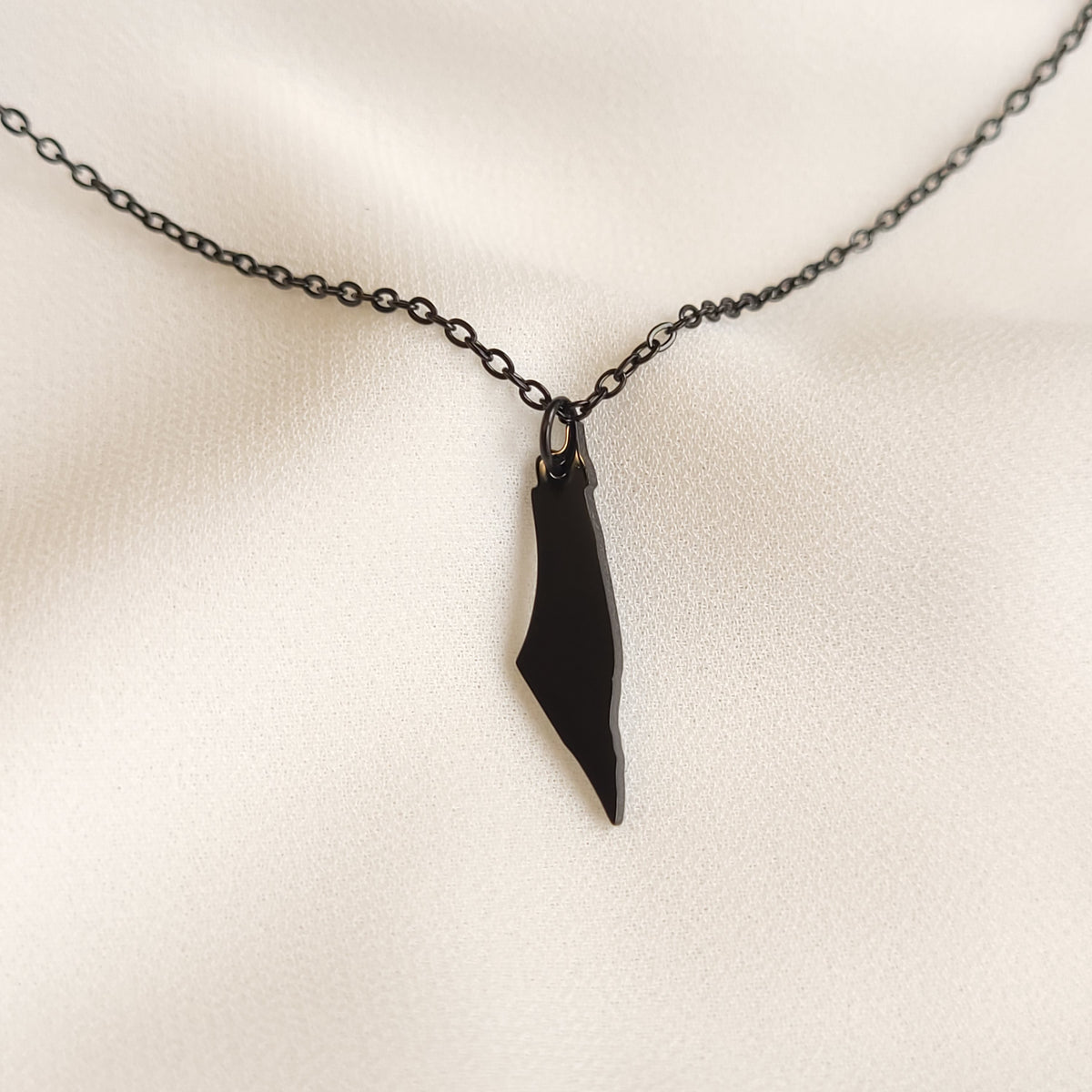 Black Palestine map pendant necklace with a fine oval-link chain.