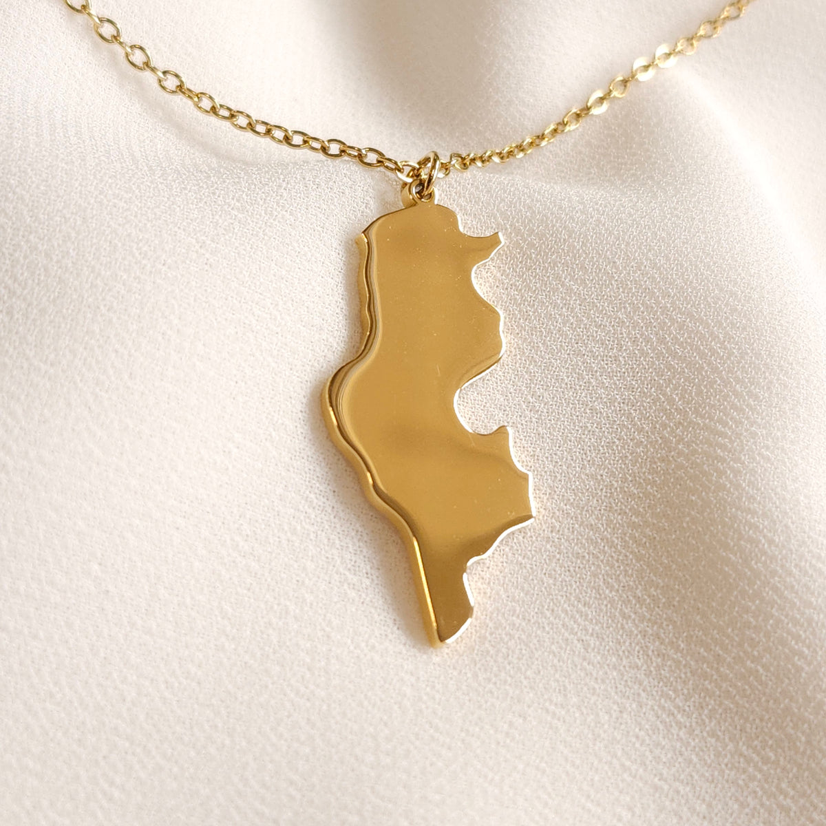 Gold-tone Tunisia map pendant necklace with a fine oval-link chain.