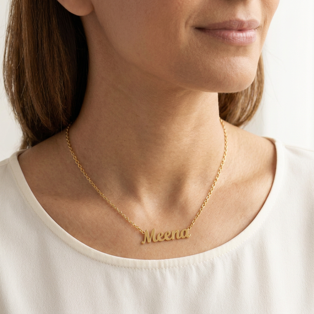 Model wearing a gold Meena name necklace with a polished script nameplate and fine chain.