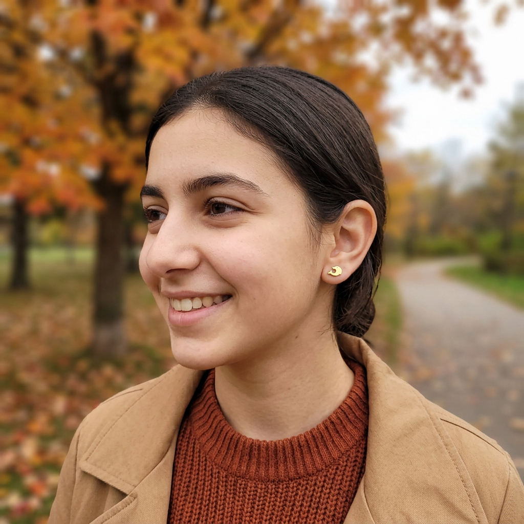 Fresh autumn portrait with small 7 mm dolphin studs