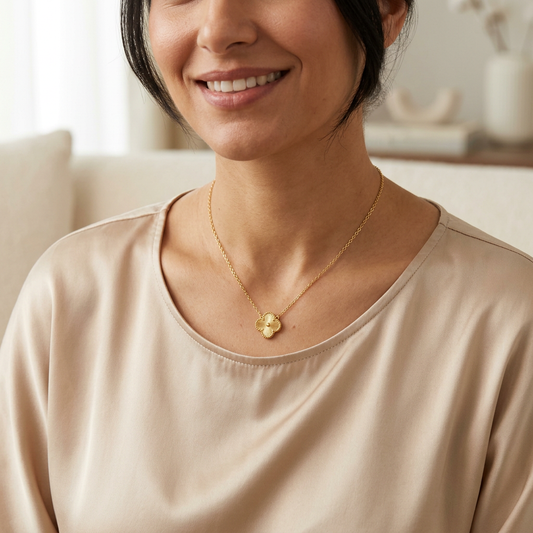 Fresh model portrait with a sharply focused 1 cm Gold Clover Necklace