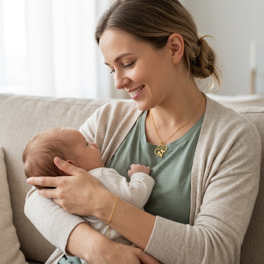 Fresh new-mom portrait with matching gold jewelry and a naturally draped bracelet