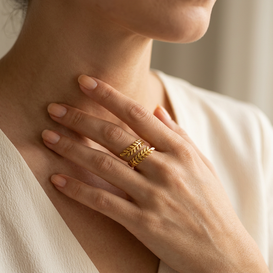 Model wearing the gold leaf wrap ring