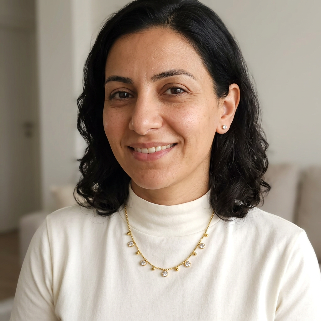 Natural smiling woman wearing the necklace and one crystal stud in each earlobe