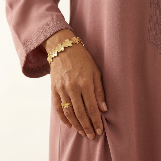 New fabric-holding pose with a smaller floral ring and the flower bangle