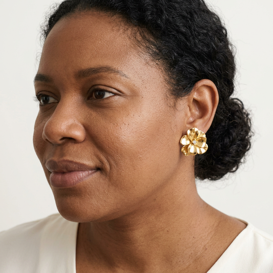 New model with distinct facial features, keeping the close side pose and smaller flower earrings