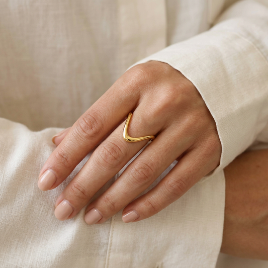 V Shaped Ring close-up hand-model preview in soft ivory styling
