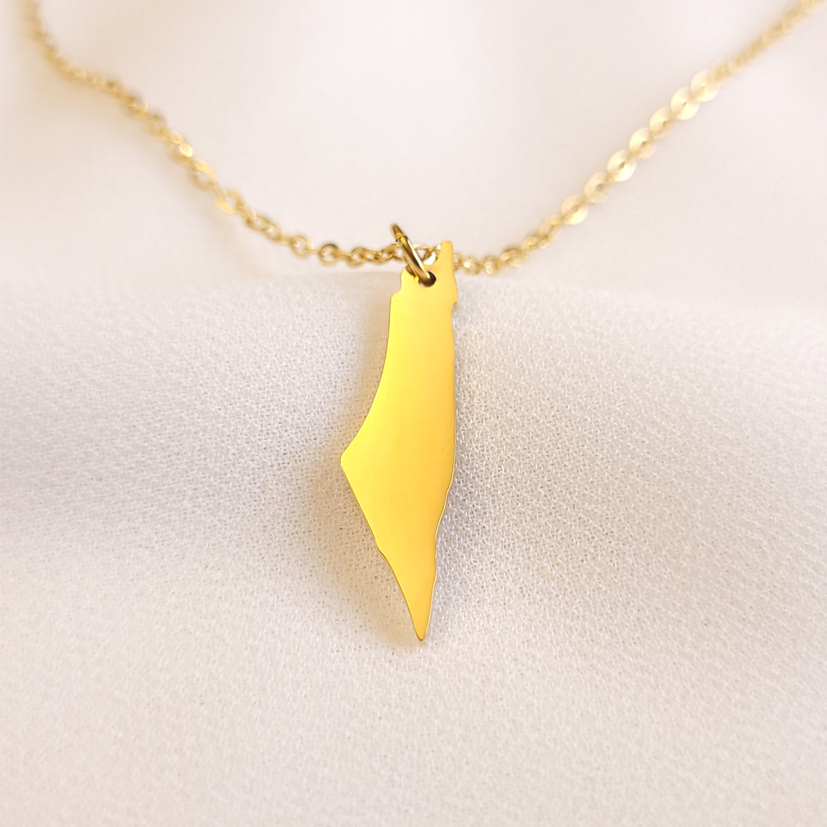 Gold-tone Palestine map pendant necklace with a polished silhouette.