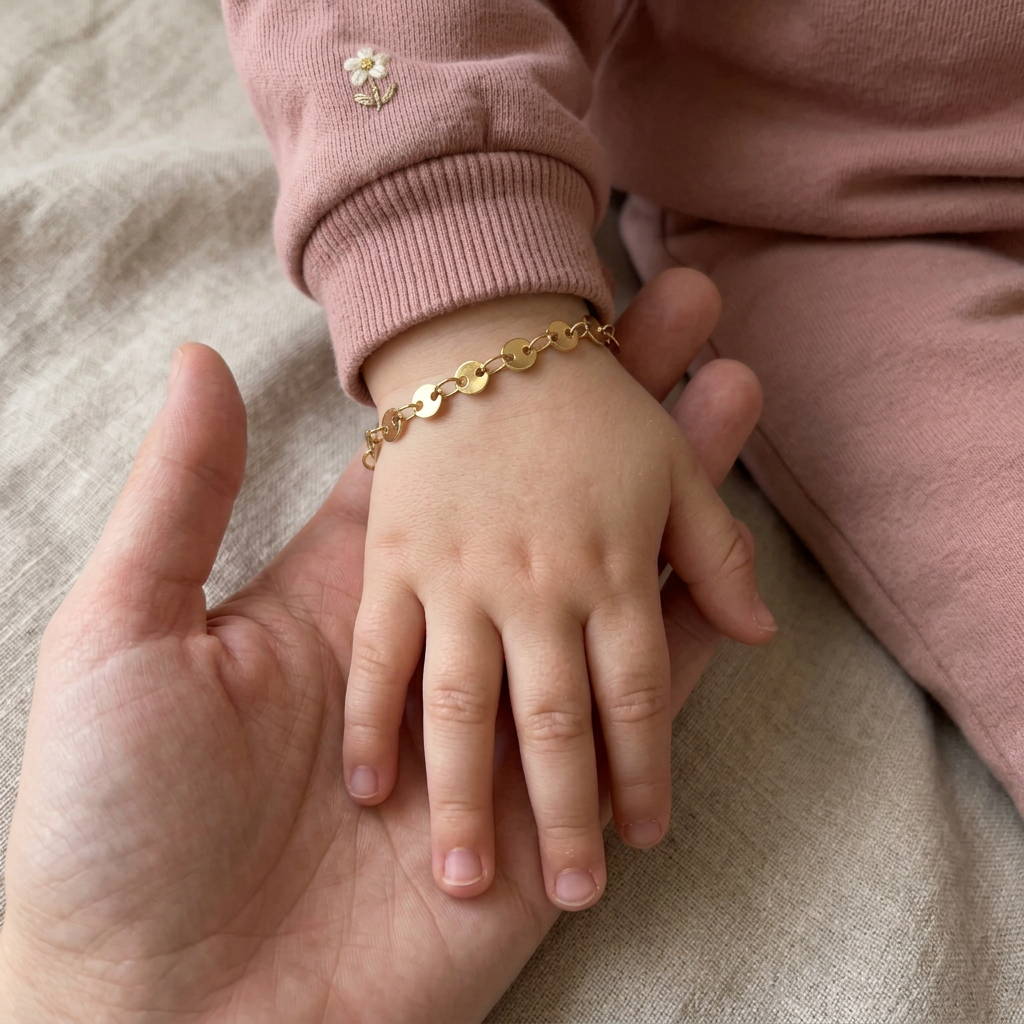 Children's Coin Bracelet worn on a child's wrist beneath a pink sleeve, with their hand resting in an adult's palm.