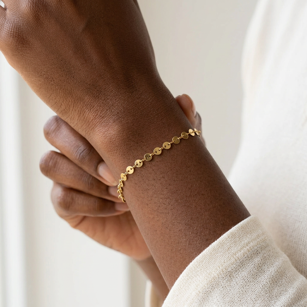 Coin Bracelet worn on a wrist, showing the delicate row of gold-tone discs against the skin.

