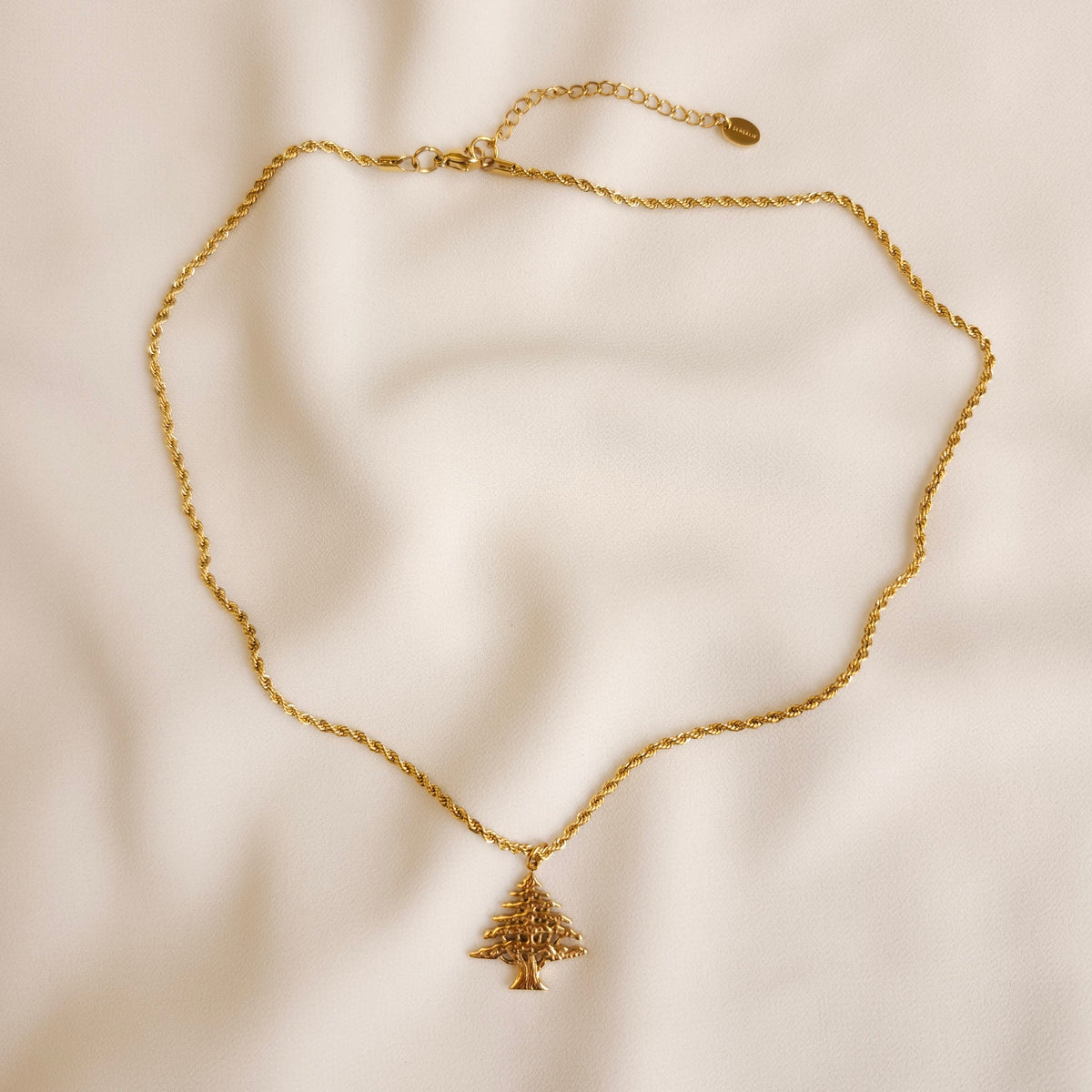 Full view of the gold Lebanon Cedar Necklace showing its tree pendant, rope chain and adjustable extension.

