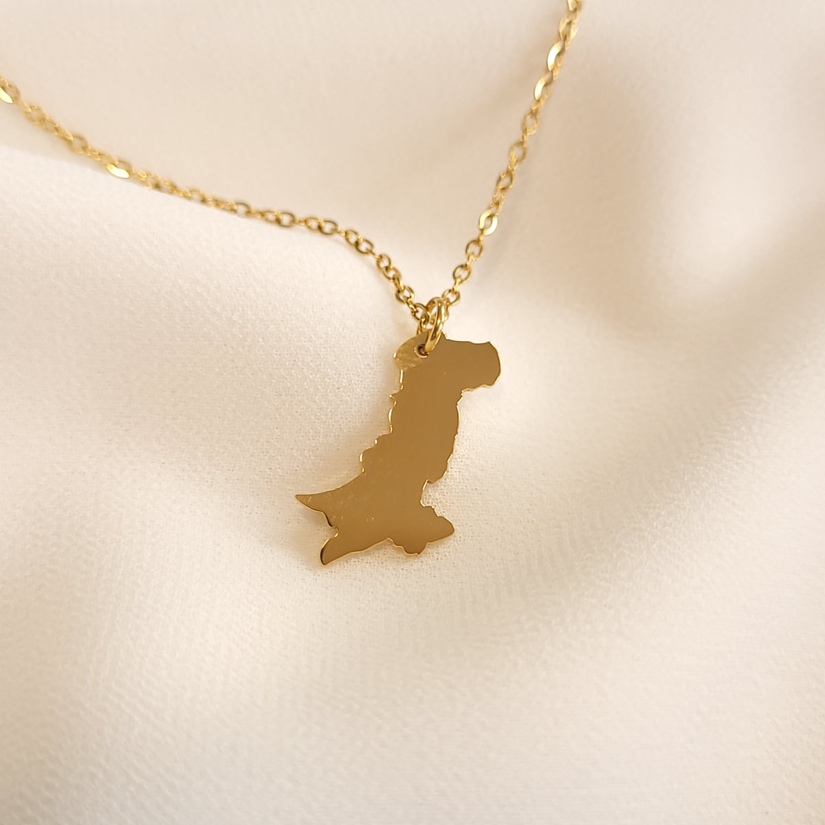 Gold-tone Pakistan map pendant necklace with a fine oval-link chain.
