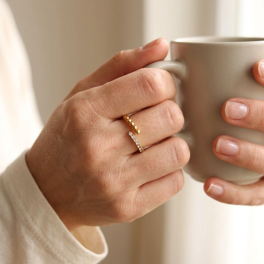Gold Beads and Sparkle Ring worn on a model’s finger, showing the open bead-and-stone design