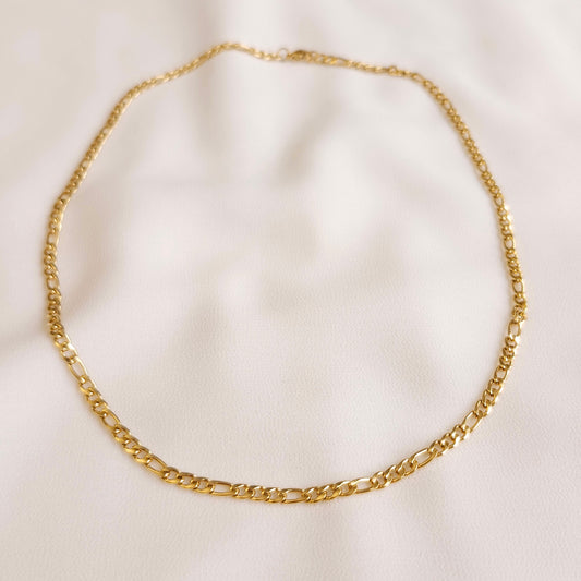 Gold Classic Figaro Necklace with three short links alternating with one elongated link and a polished finish.
