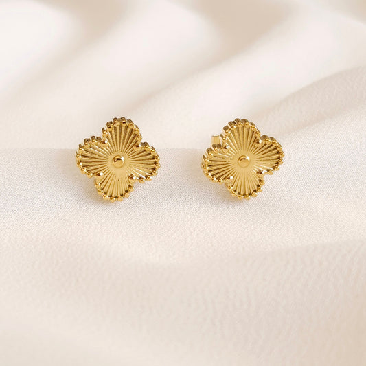 Gold Clover Stud Earrings with engraved sunburst lines, raised centre beads and beaded borders.
