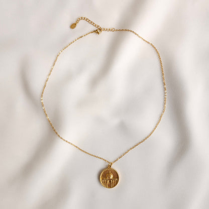 Gold Dome of the Rock Coin Necklace showing the round pendant, fine chain and adjustable extension