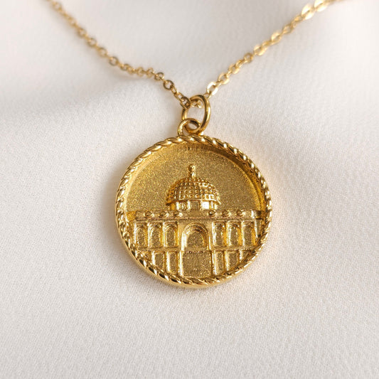Gold Dome of the Rock Coin Necklace with a raised architectural design and twisted rope border.