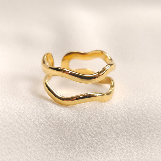 Gold Double Wave Ring with two polished wavy bands and an open design.