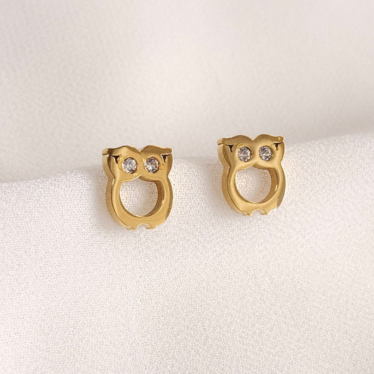 Gold Owl Earrings with two clear stone eyes and open owl-shaped centres
