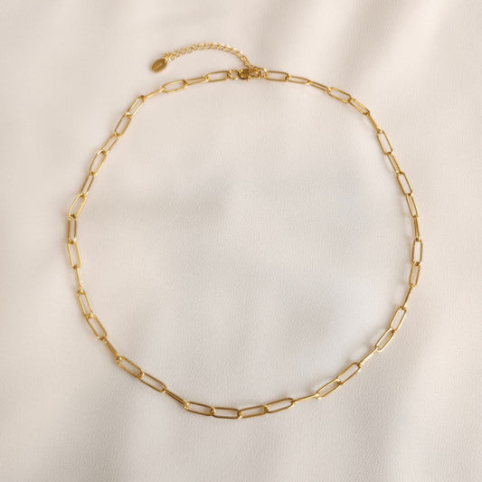 Gold Paperclip Link Necklace with elongated rectangular links and an adjustable extension chain.