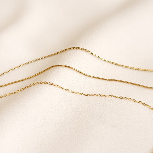 Initial Letter Necklace chain options shown side by side: gold-tone box, snake, and oval-link chains.