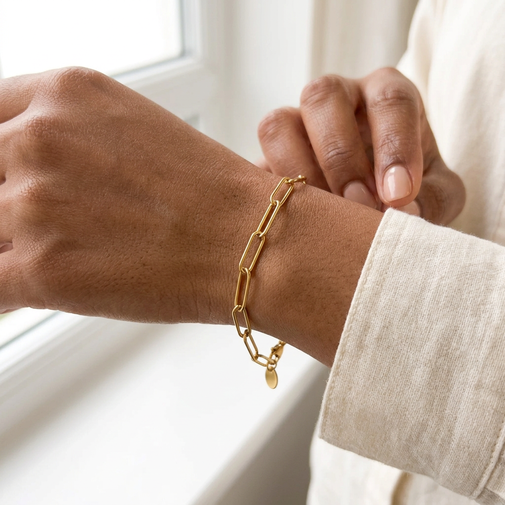Model wearing the gold Paperclip Bracelet, showing its elongated links and fit around the wrist.
