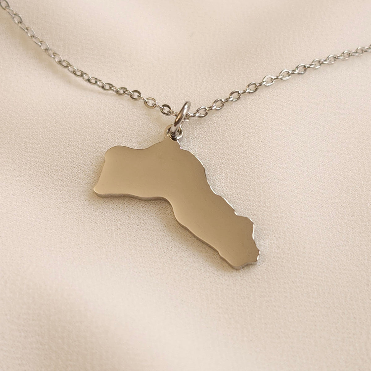 Silver-tone Kurdistan map pendant necklace with a fine oval-link chain.