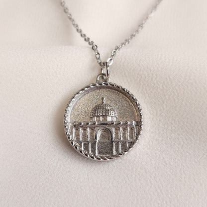 Silver Dome of the Rock Coin Necklace with a raised architectural design and twisted rope border.