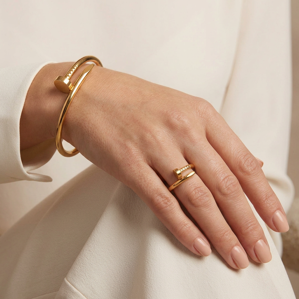 Twisted Nail Bangle worn on a wrist with a matching gold-tone nail ring.
