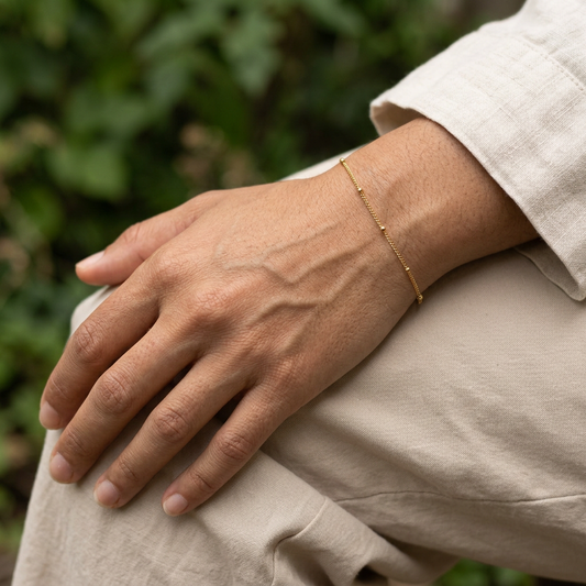 Bracelet close-up with a relaxed outdoor pose