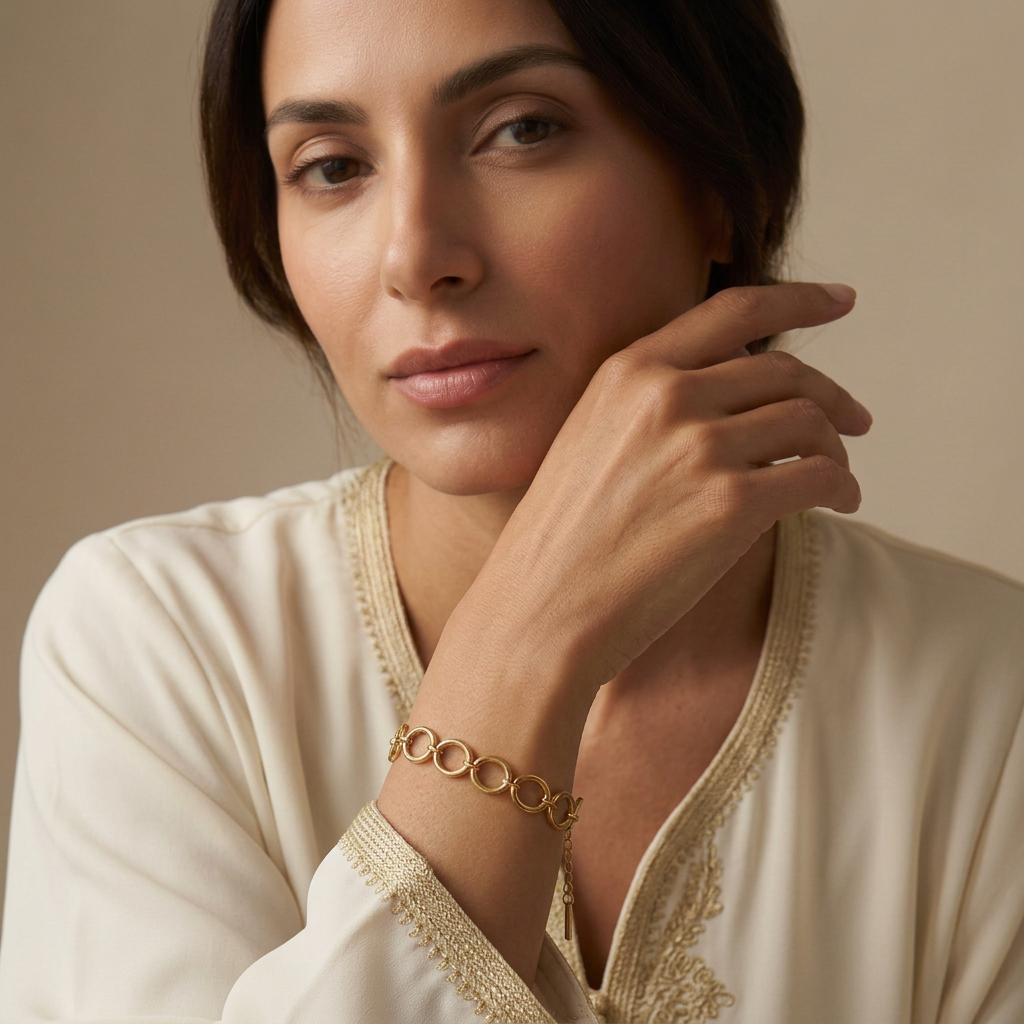 Close-up of the bracelet on a Middle Eastern model wearing an embroidered kaftan