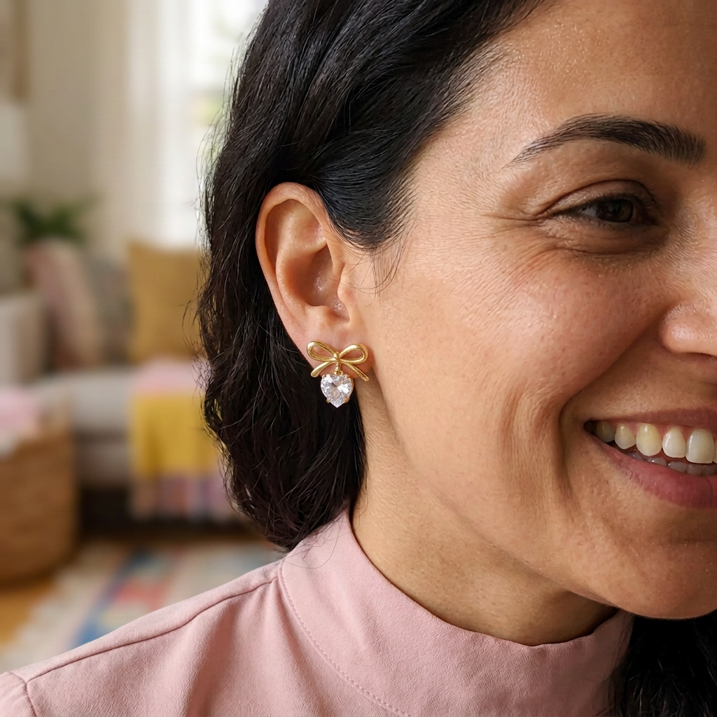 Close-up with the earring positioned higher on the earlobe