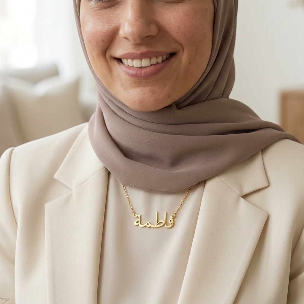 Closer view of the Arabic Fatima name necklace