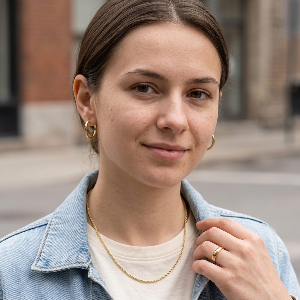 Fresh detailed square portrait featuring slim gold hoops, a rope necklace, and Essential Band Ring