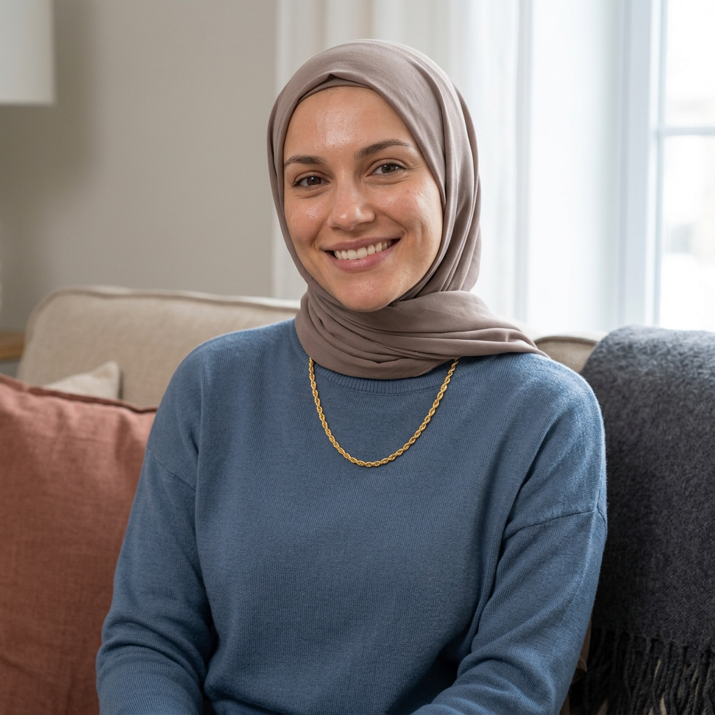 Hijabi model wearing the gold rope necklace in a cozy setting