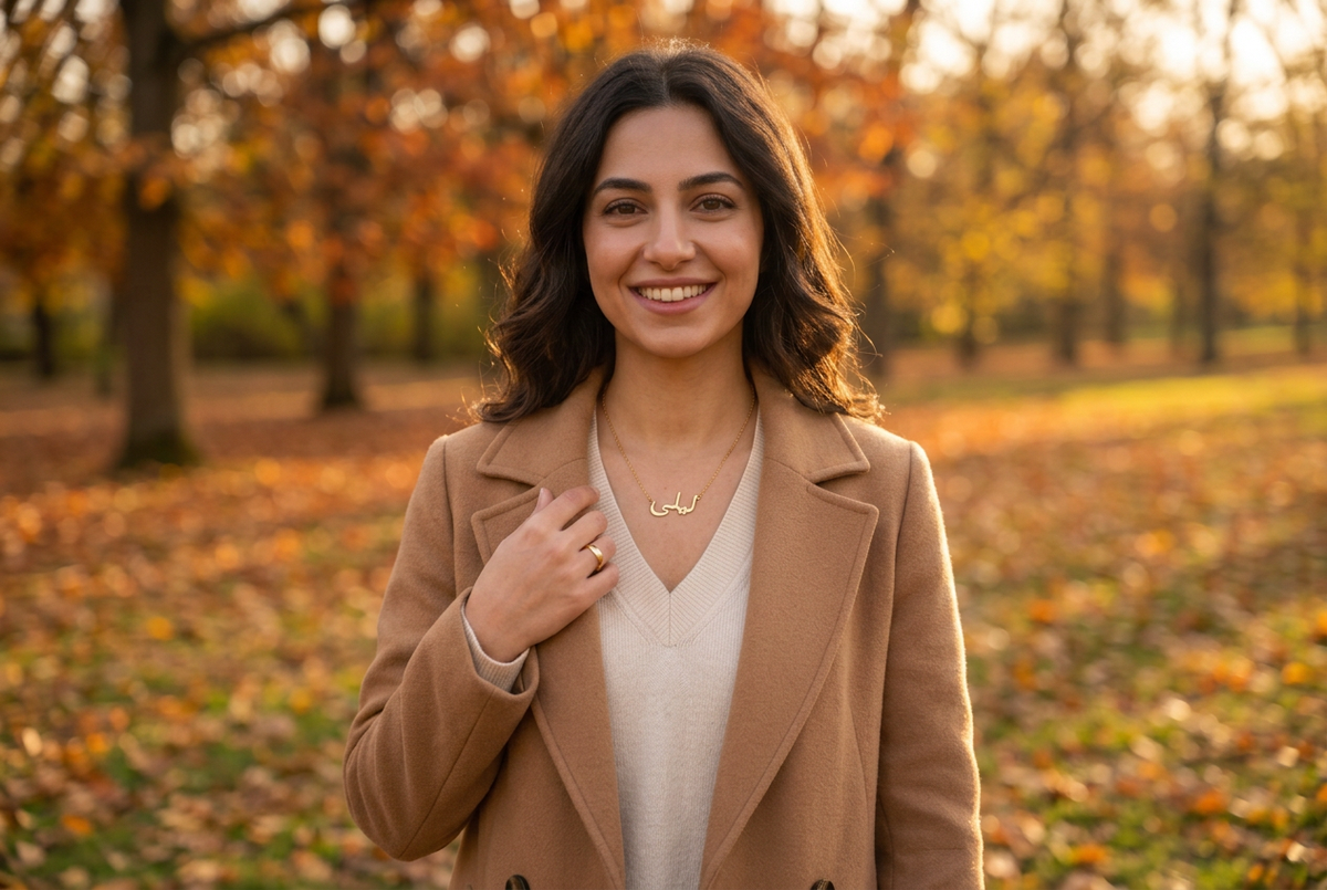 Landscape fall homepage image with centered model and straightened Layla pendant