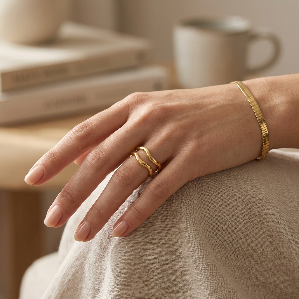 Model-like elegant hand wearing the Double Wave Ring and herringbone bracelet, close-up