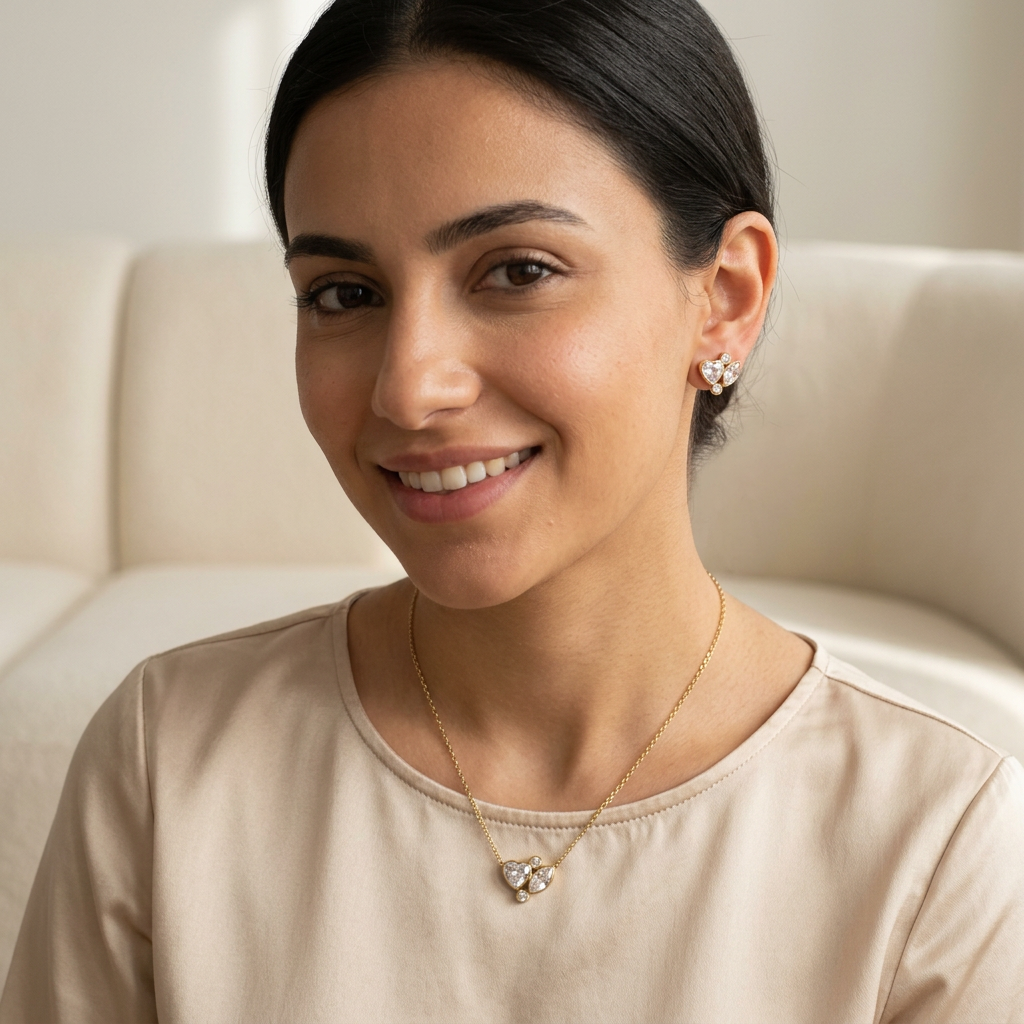 Model wearing matching Heart & Marquise pendant and earrings at 1.3 cm wide