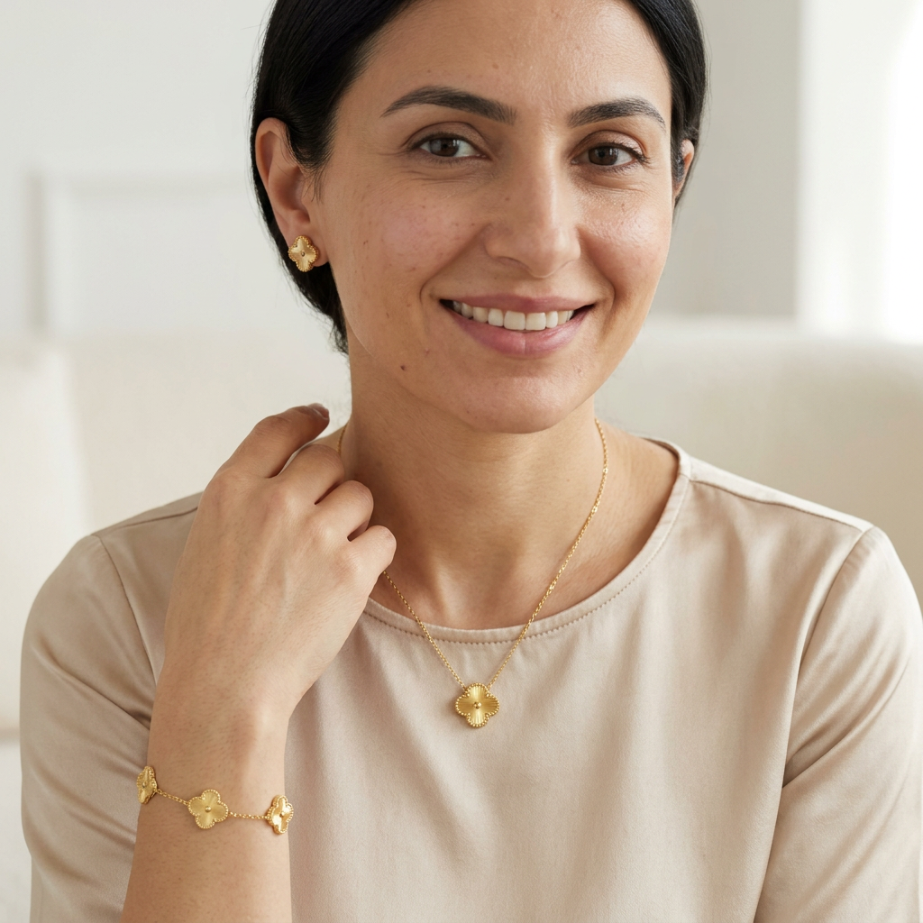 Model wearing the complete Gold Clover Set with all three pieces in focus