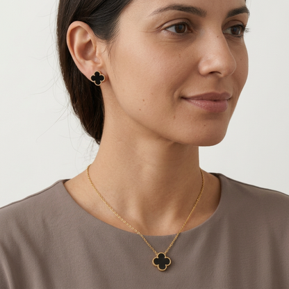 More natural model preview with understated makeup, realistic skin texture, and the black clover necklace and earrings