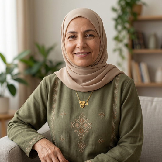 Older Arab model wearing the Arabic Mother Love Necklace in a relaxed pose