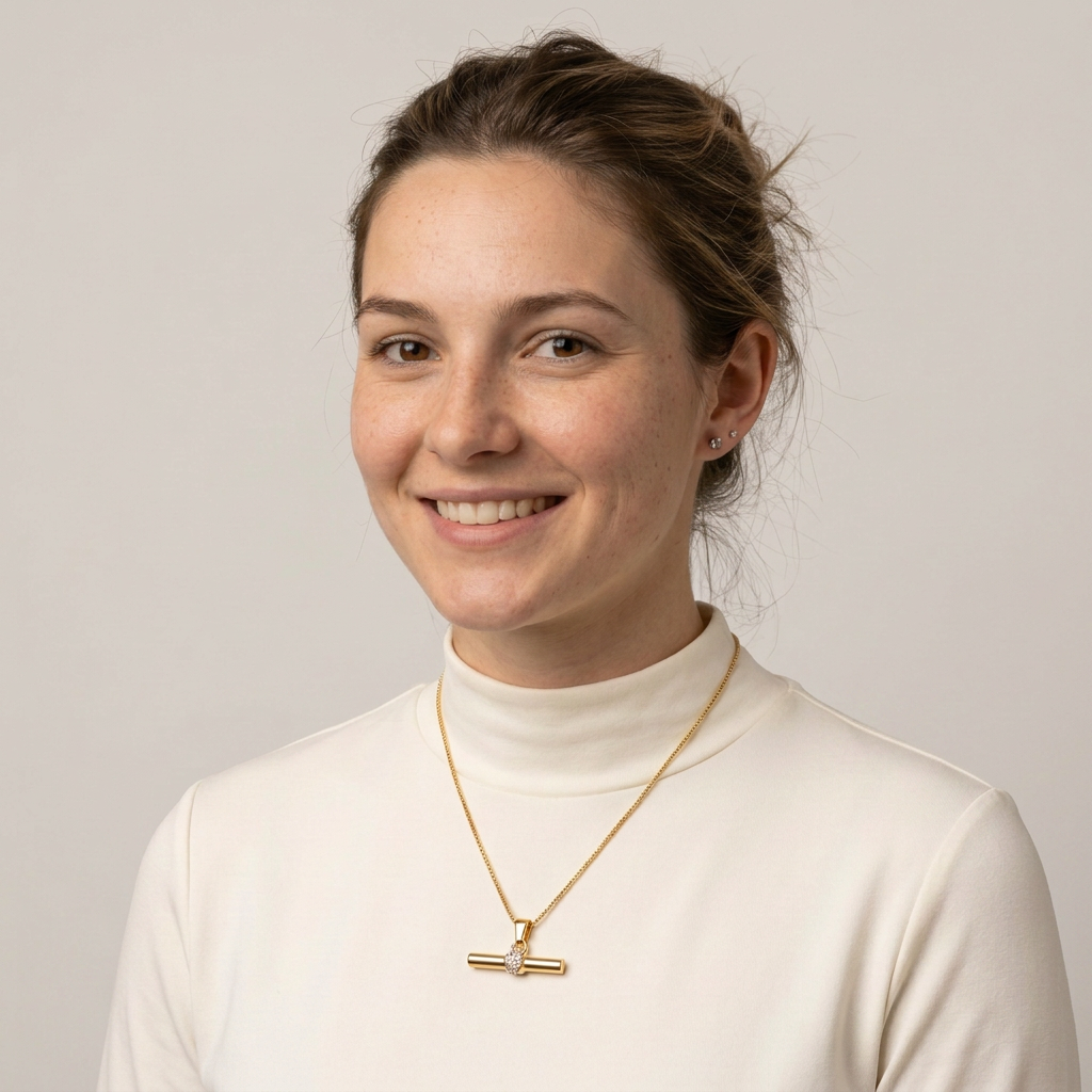 Studio portrait with direct eye contact and a light greige background