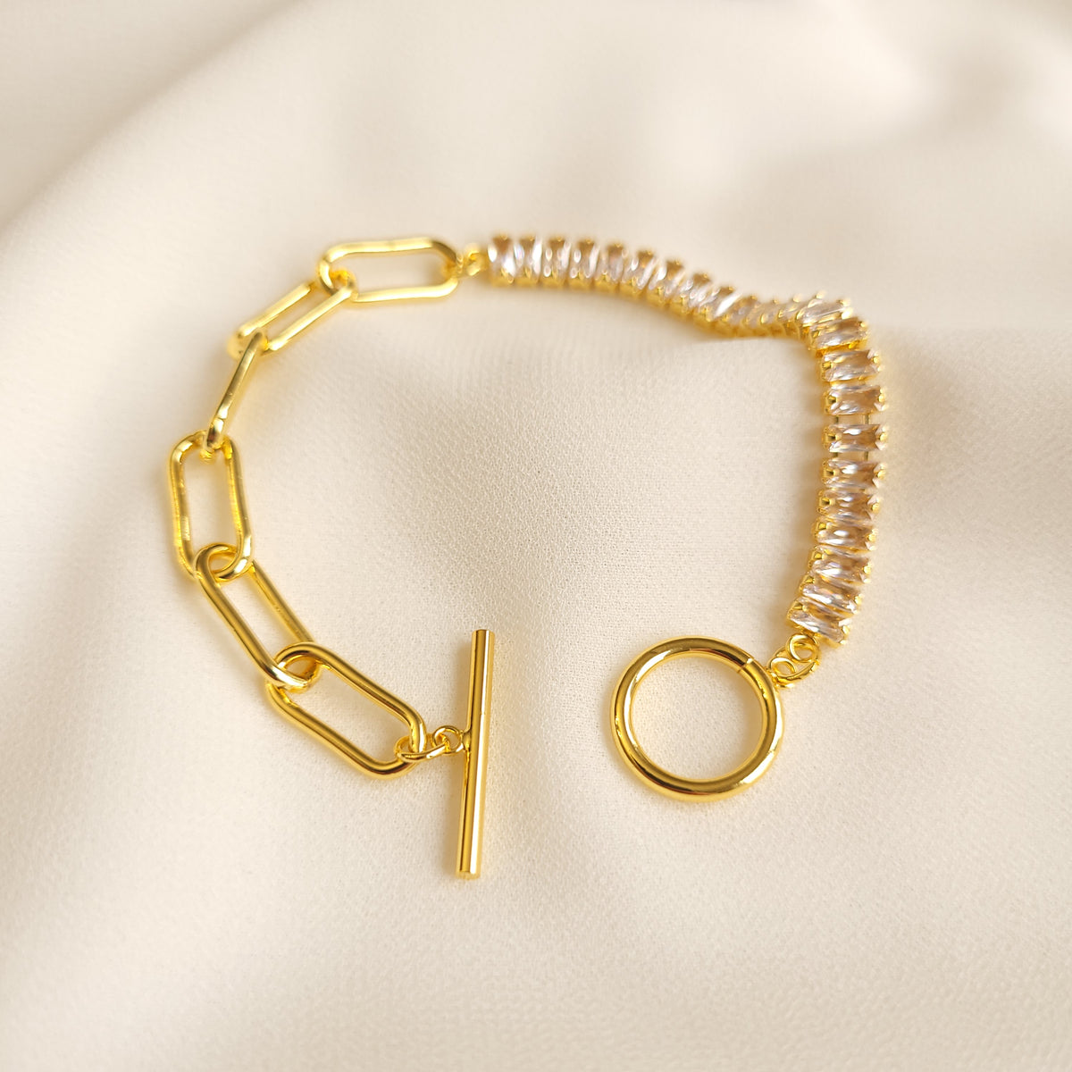 Bold Link and Zirconia Bracelet laid open, showing the rectangular links, clear stones, and bar-and-ring toggle clasp.
