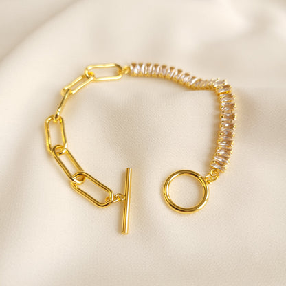 Bold Link and Zirconia Bracelet laid open, showing the rectangular links, clear stones, and bar-and-ring toggle clasp.