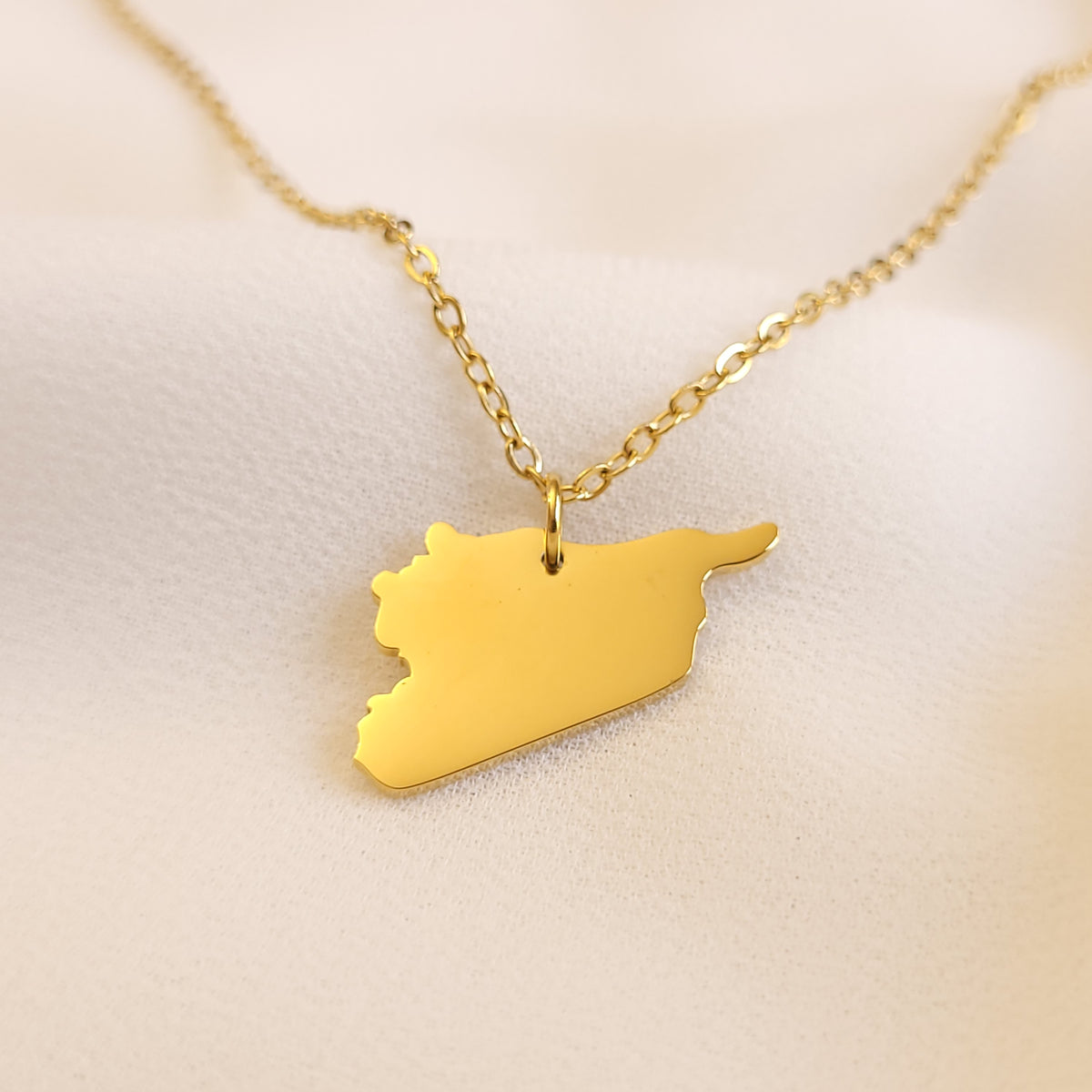 Close-up of a gold-tone Syria map pendant necklace and its oval-link chain.
